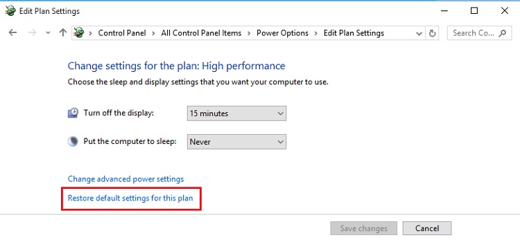 select Restore default settings for this plan