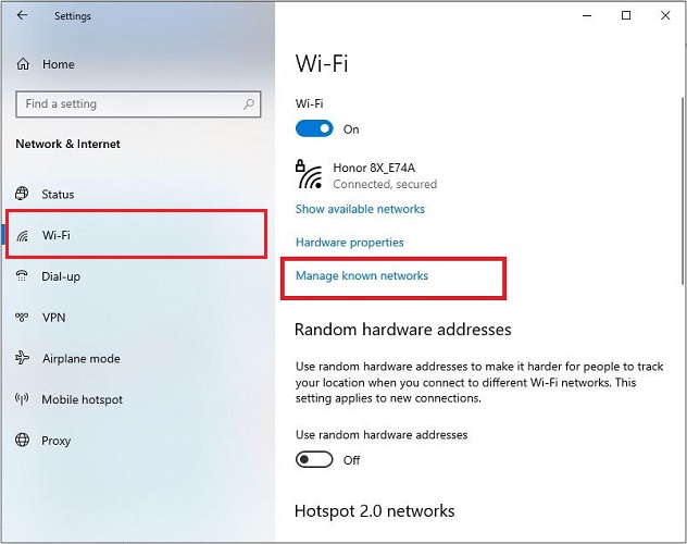 click on manage known networks from Wi-Fi tab