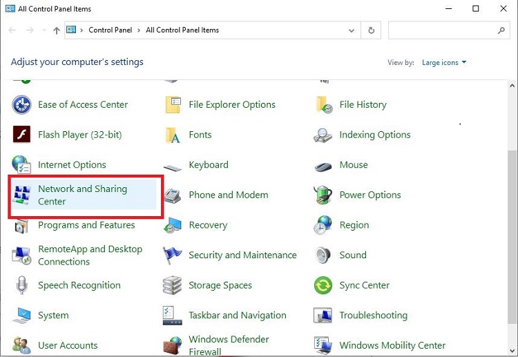 network and sharing center from control panel