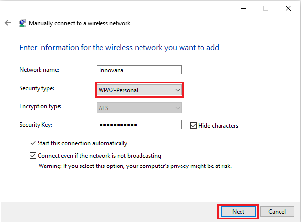select WPA2-Personal as security type