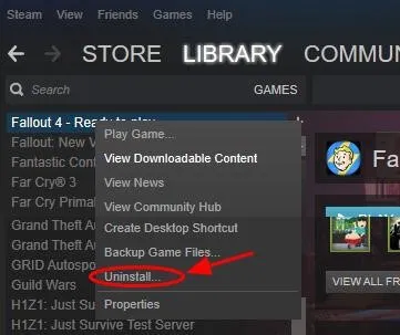 click on uninstall option in fallout 4 game
