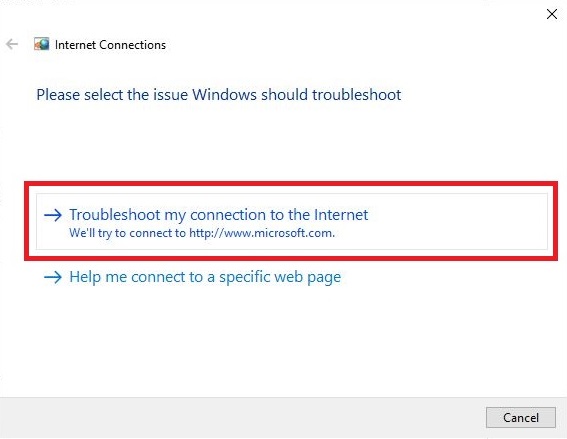 Troubleshoot my connection to the Internet option
