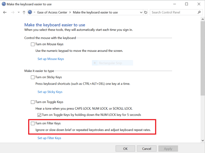 Turn off the filter keys-3