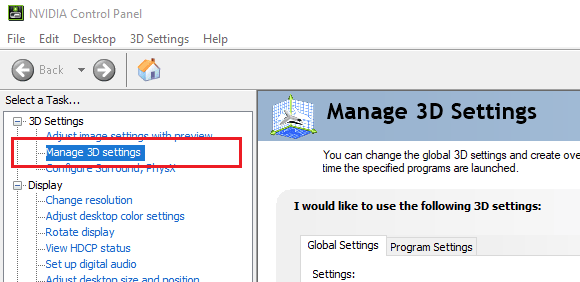 Nvidia control panel 3D setting