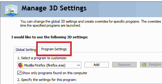 Nvidia 3D program setting
