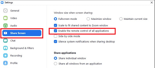 Zoom share screen setting