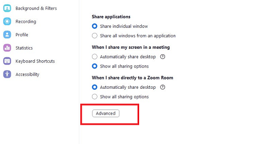 Zoom advanced share screen setting