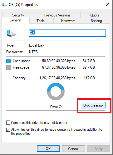How to free disk space use disk clean up properties