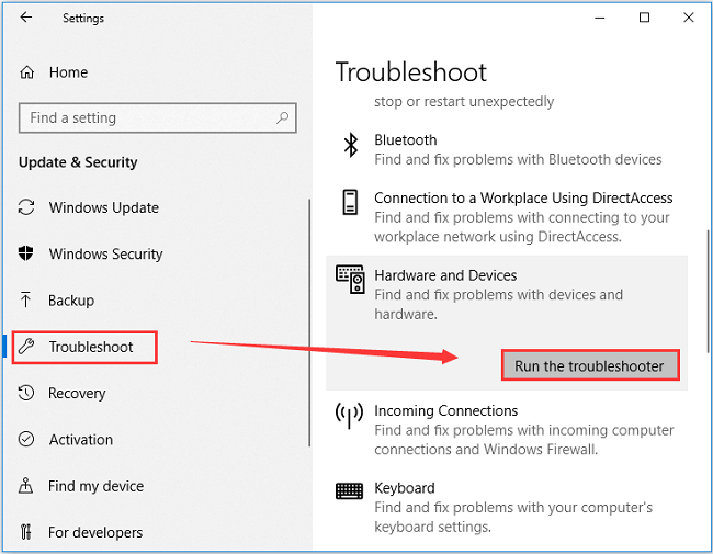 Run Hardware and Devices Troubleshooting to fix msi bluetooth problem