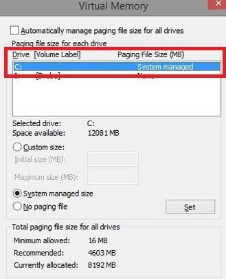 Select the OS drive in Virtual Memory