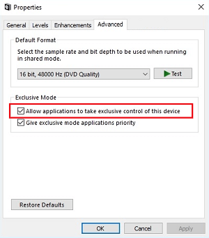 Unmark "Allow applications to take exclusive control of this device."