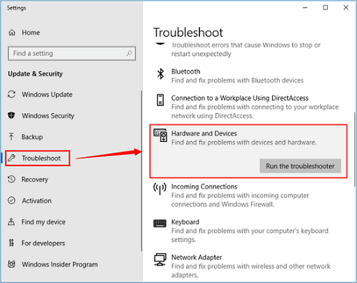 Run the hardware troubleshooter