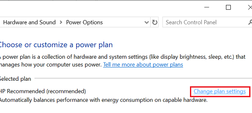 change plan setting in power option