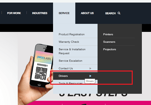 Epson official website click on support and take the cursor to drivers