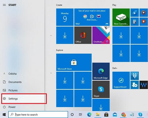 choose the Settings option from windows menu