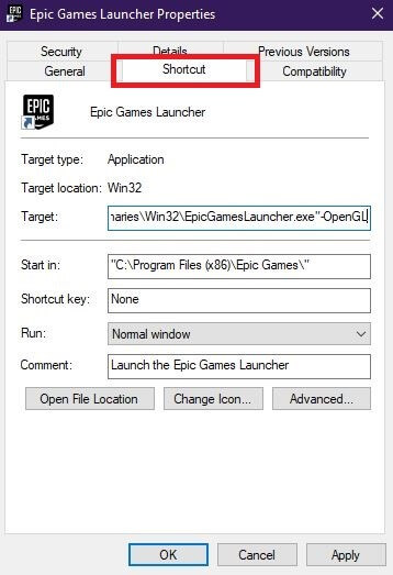 Configure Properties Of Epic Games Launcher