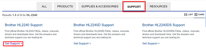 Brother HL-2240 Get Support from Support Menu