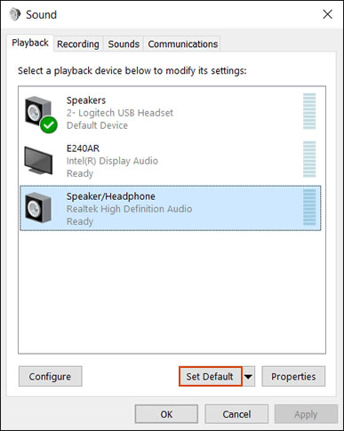 Click on your speaker or headset and select Set Default
