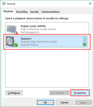 Select your device and click on the Properties button