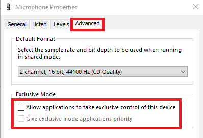 untick the Allow applications to take exclusive control of this device option