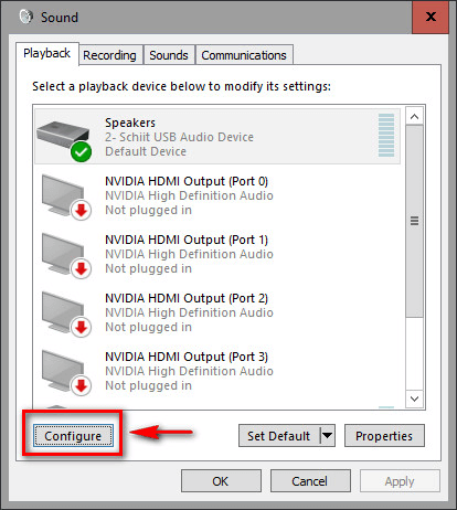 Select your speaker or headphone and click on the Configure button