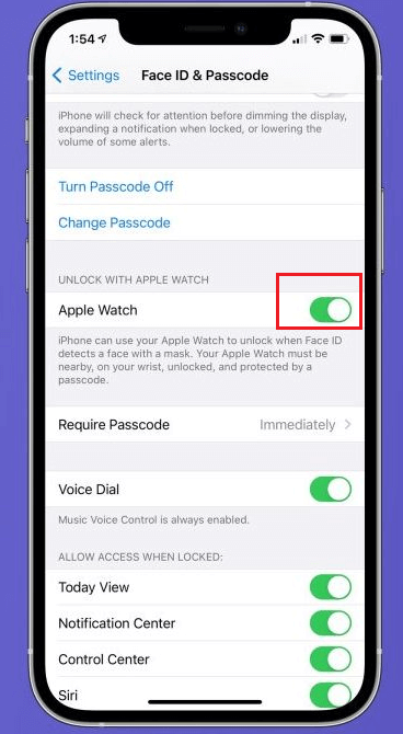 trun on ‘Unlock with Apple Watch’