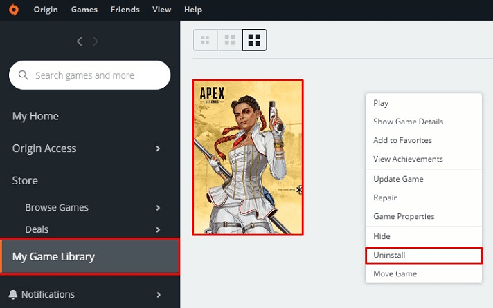Right-click Apex Legends and choose the Uninstall