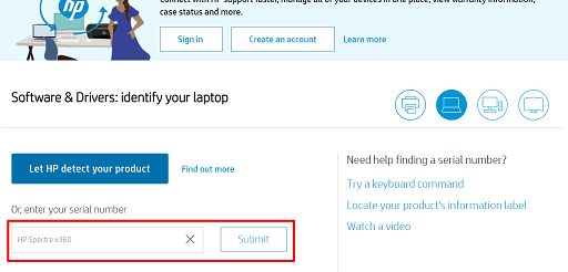 HP detect your product or input HP Spectre x360