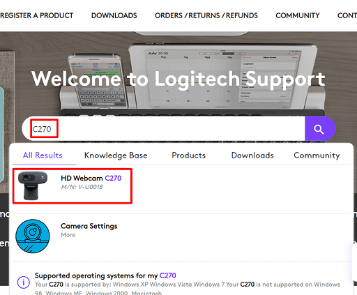 Search Logitech C270 HD webcam driver in the official website