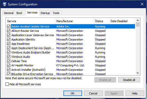 Clean Boot the Windows - SYstem Configuration windows click on services