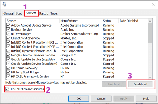 Navigate to the Services tab, click on Hide all Microsoft Services, and choose Disable All