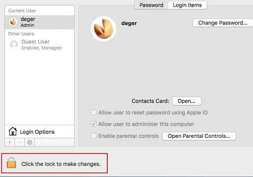 Click the lock to make changes and if you are prompted, enter the account password.