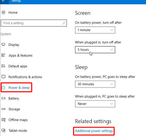 Power & Sleep settings, click on the Additional power settings option