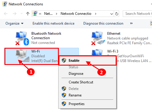 right-click on the network adapter you disabled in the previous step and choose Enable from the popup menu