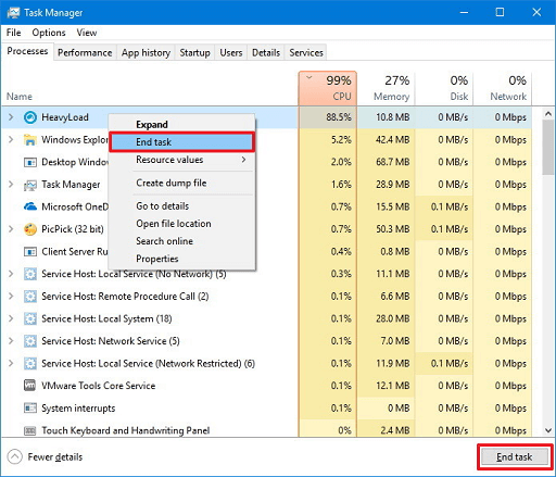 Right-click on the resource-hogging process and choose End task from the context menu