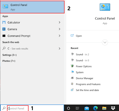type control panel in start menu