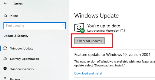 update windows to click on check for updates