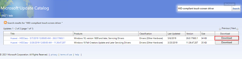 Microsoft Update Catalog- download the HID compliant screen driver