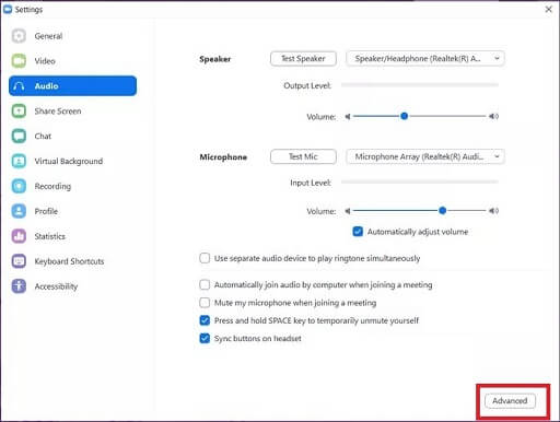 Under the Audio settings, click on Advanced