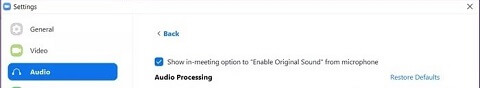 Show in-meeting option to Enable Original Sound from microphone