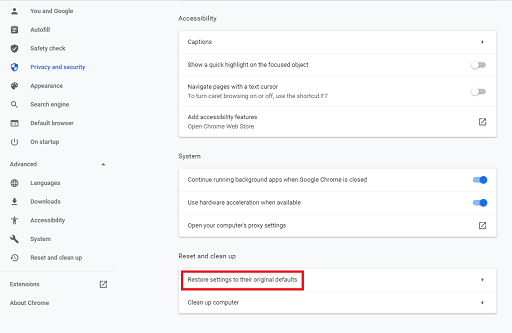 Restore Settings to their original defaults