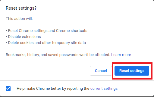 Reset the chrome Settings