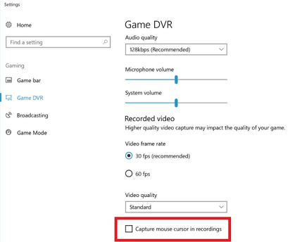 Scroll down and uncheck Capture Mouse Cursor in Recordings