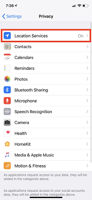 Viewing Google location history on iPhone- click on location service