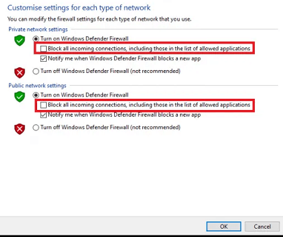 Uncheck Block all incoming connections