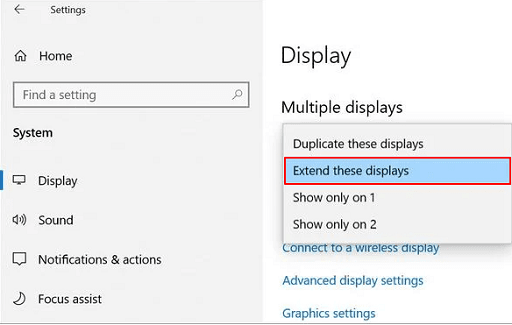 Choose to Extend these displays from the Multiple displays