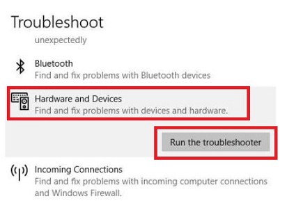 Click on Hardware and Devices and then on Run the Troubleshooter