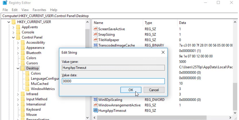 Find or create the entry named HungAppTimeout