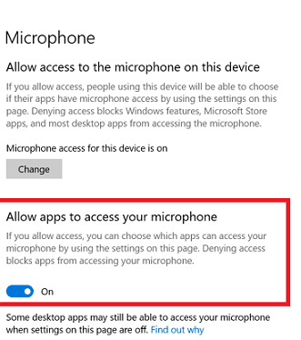Toggle on Allow apps to access your microphone