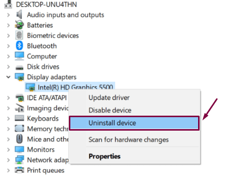 Reinstall the graphics driver- uninstall device